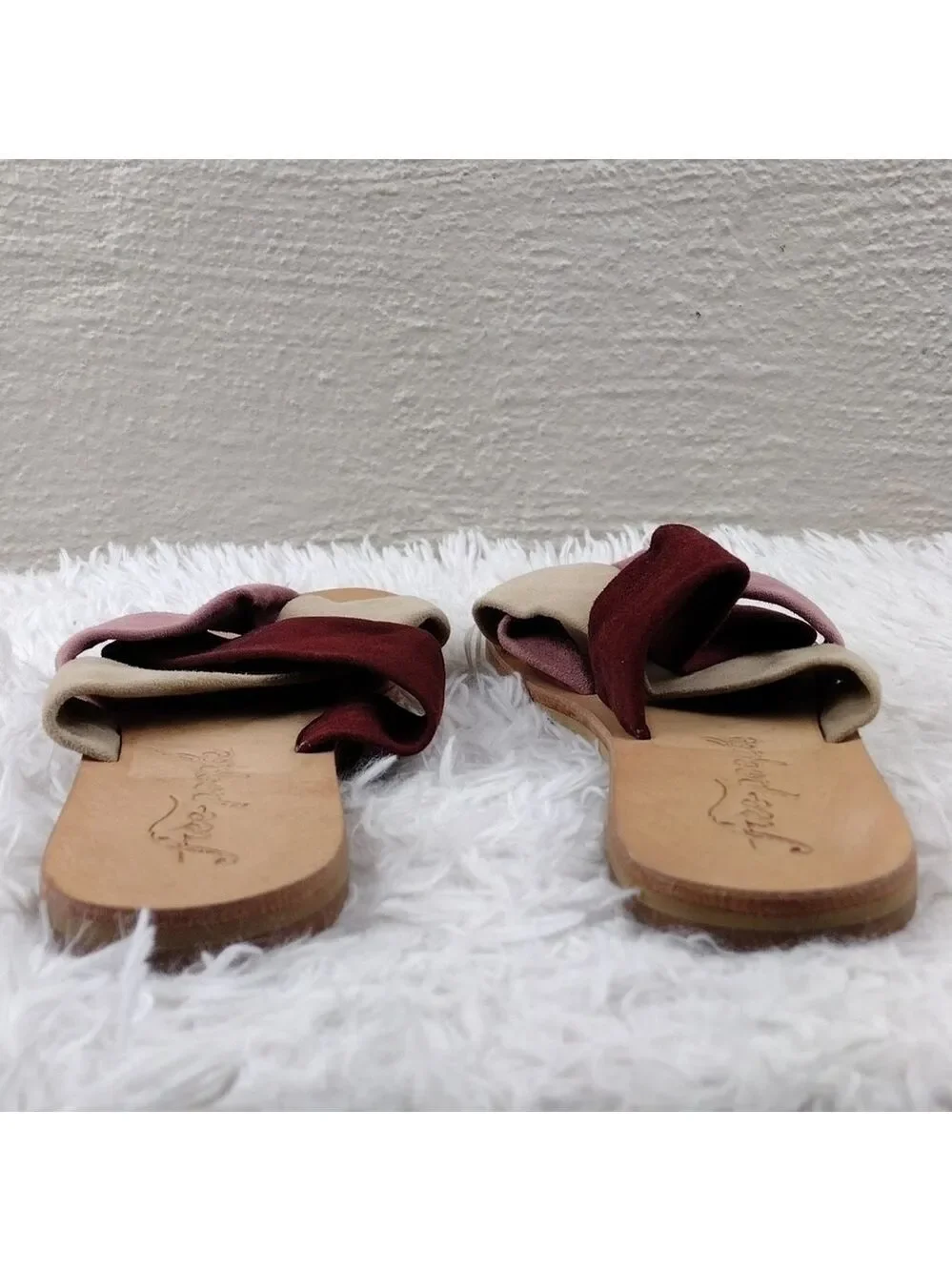 Free People Tan Pink Two Tone Leather Crisscross Round Toe Slide Flat Sandal